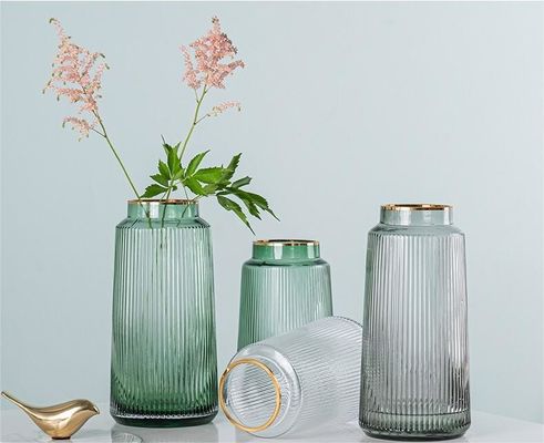 Golden Metal Top Green Fluted Glass Vase Decor Modern Style Flower Holder For Home Office